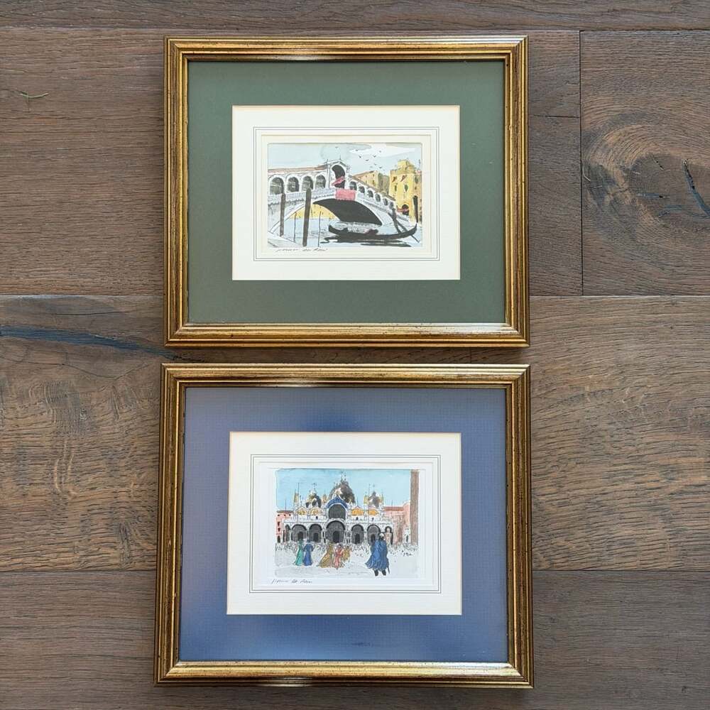 Pair of Original Hand-Colored Venetian Etchings Signed & Custom Framed